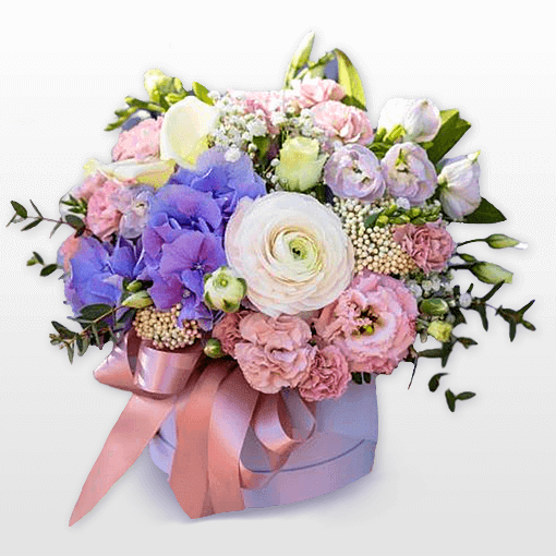 Flower delivery Milano e roma. Composizione in flowerbox rosa